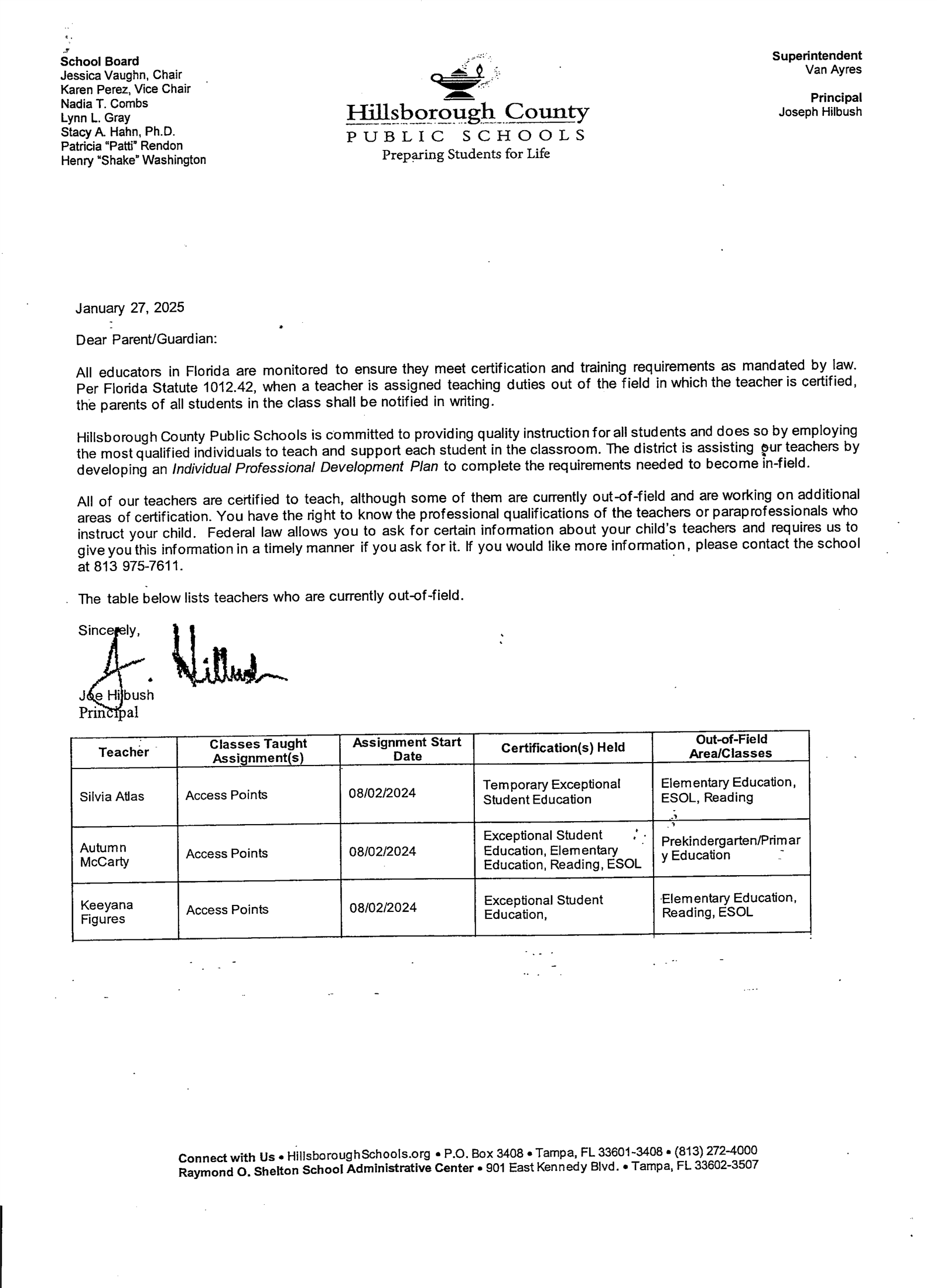 Out of Field Letter - English 24-25
